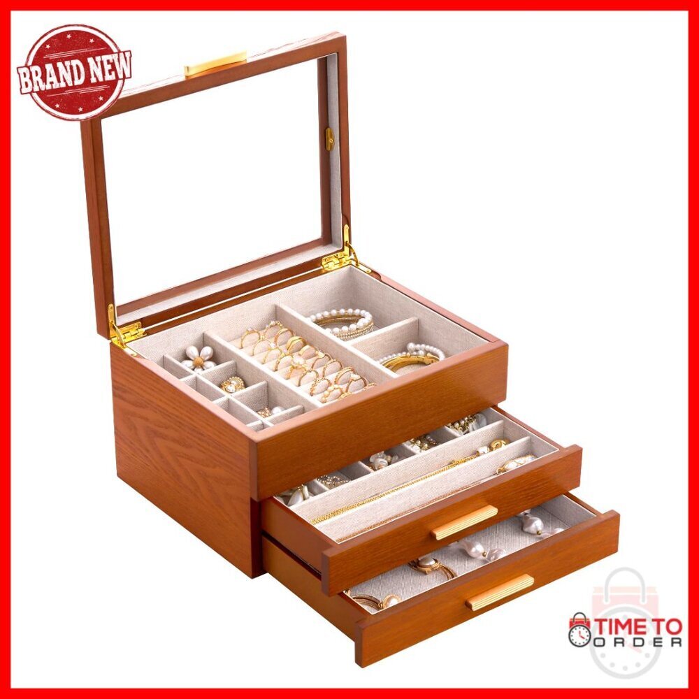 Clear Window Wood Grain Jewelry Storage Box, 3 Layer Organizer for Earrings